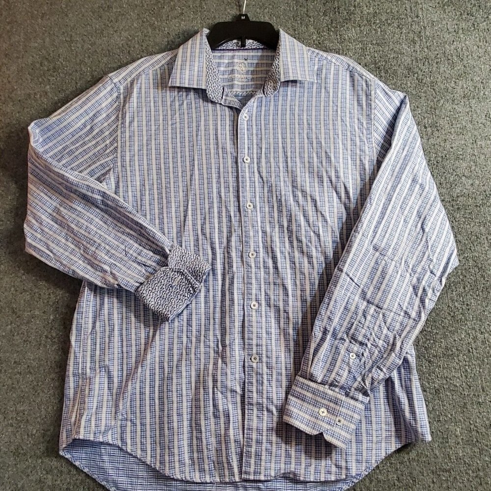 BUGATCHI Uomo Flip Cuff Shaped Fit Button Up Shirt Mens XL Blue White Check
